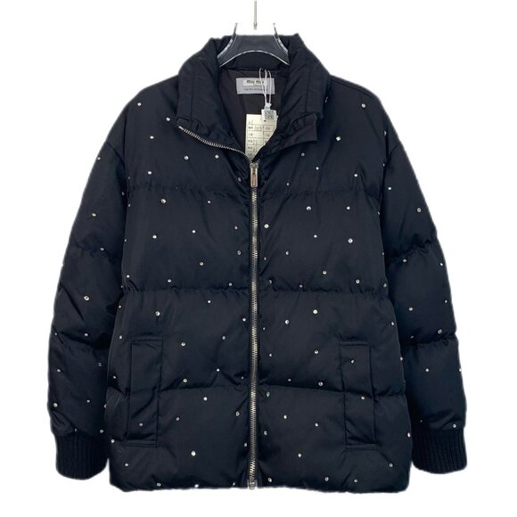 Miu Miu Womens Black Studded Puffer Jacket Size S Made In Italy Quilted Outerwea - Picture 1 of 8